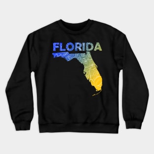 Colorful mandala art map of Florida with text in blue and yellow Crewneck Sweatshirt